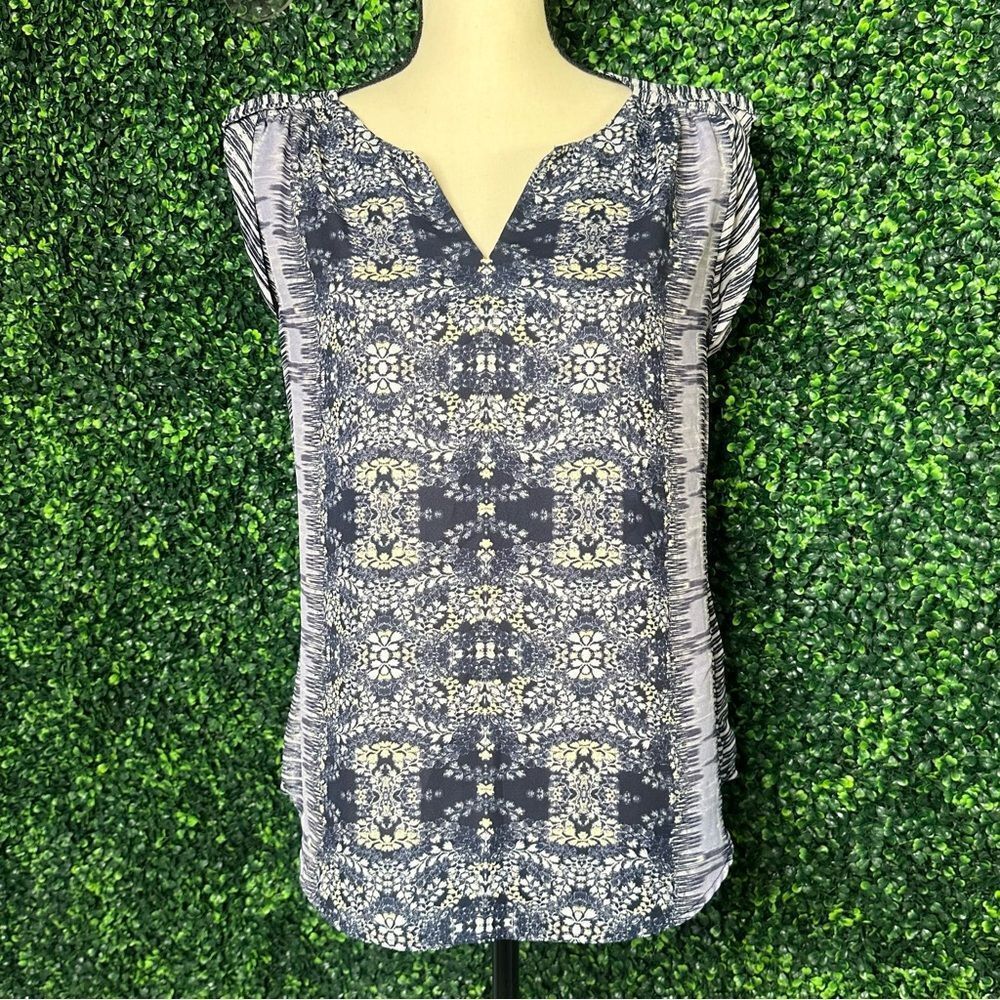 Maurices Sheer Blue Navy White Floral Patterned Top Sz S